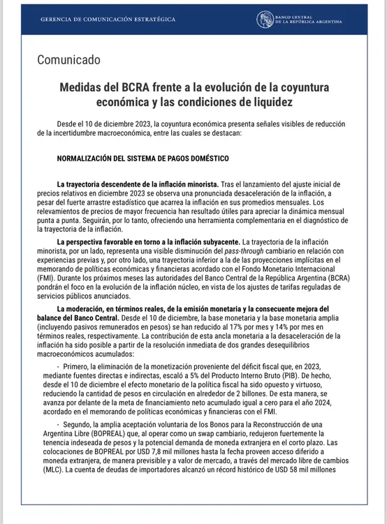Comunicado del Banco Central