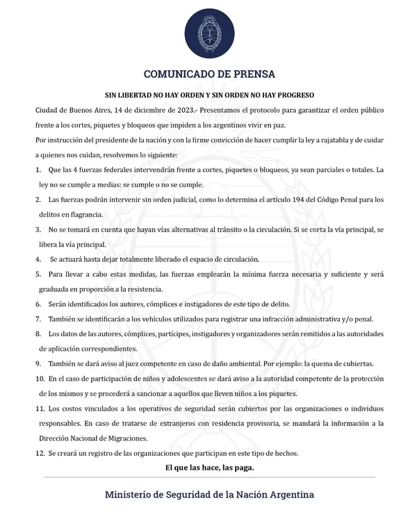 comunicado de prensa Bullrich
